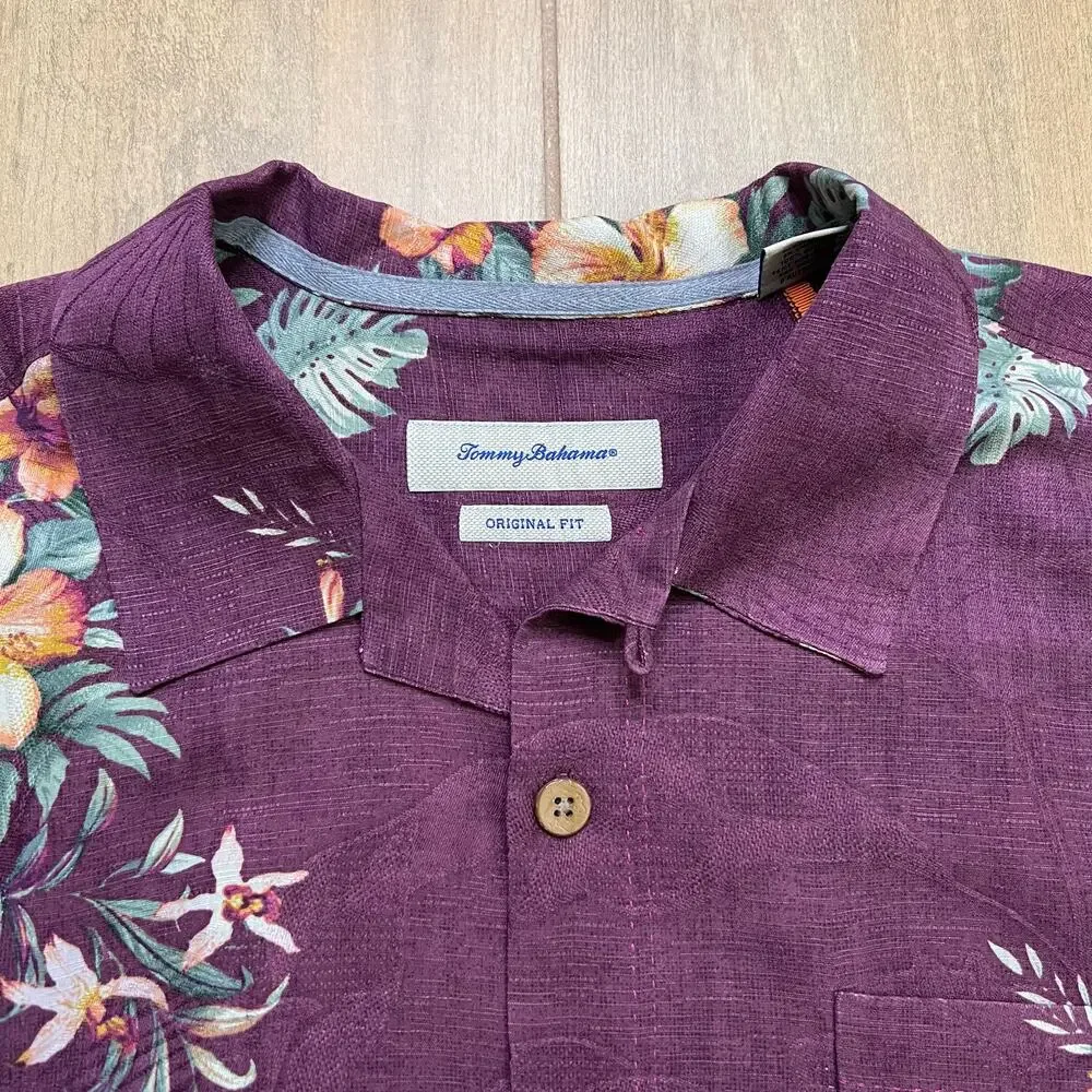 Tommy Bahama Silk Hawaiian Shirt XL Purple Floral Camp Shirt Original Fit Summer - Picture 6 of 13